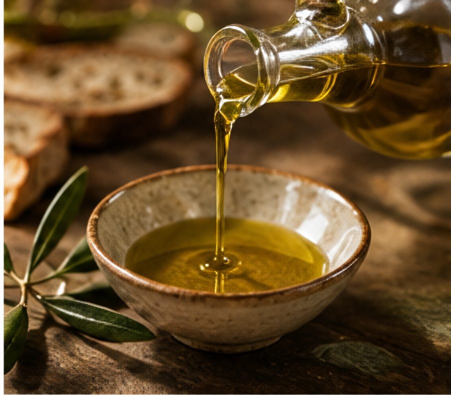 Aceite de oliva virgen extra cayendo en un cuenco