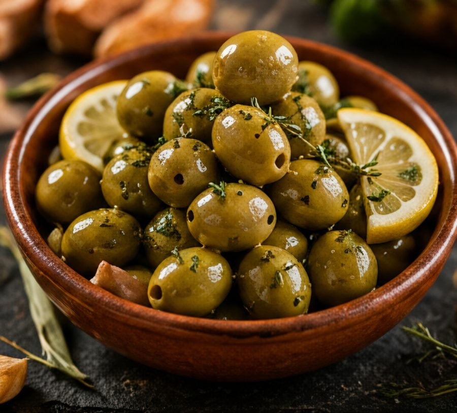 Cuenco de aceitunas verdes aliñadas