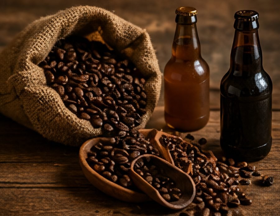 Granos de café y cervezas artesanas