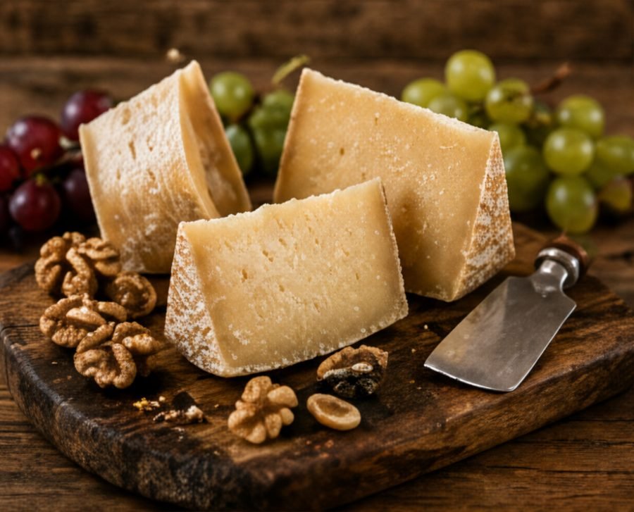 Cuñas de queso curado sobre tabla de madera