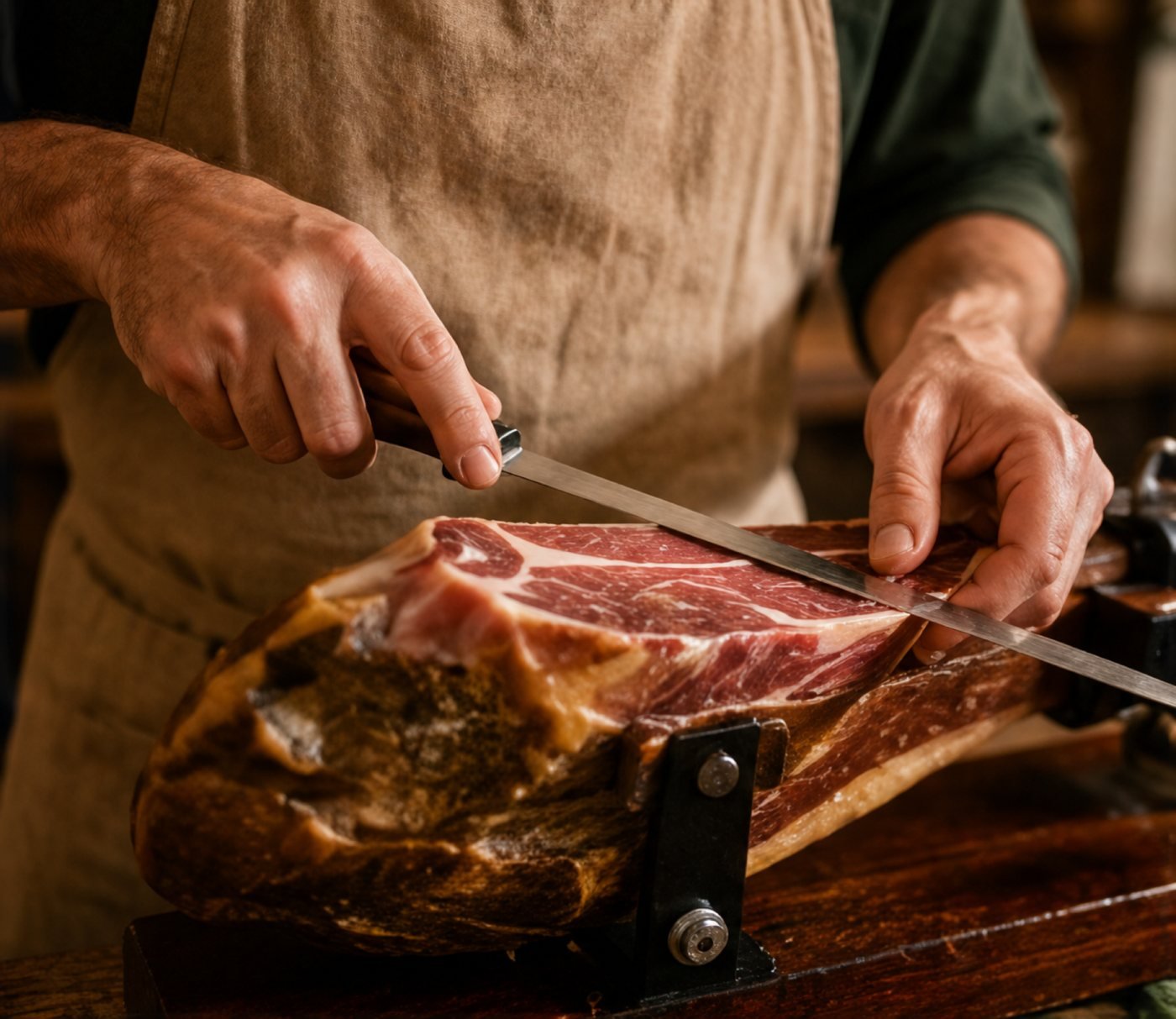 Corte de jamón a cuchillo en el puesto