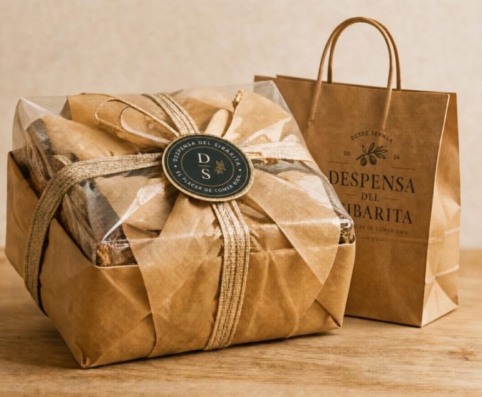 Cesta regalo envuelta en papel kraft